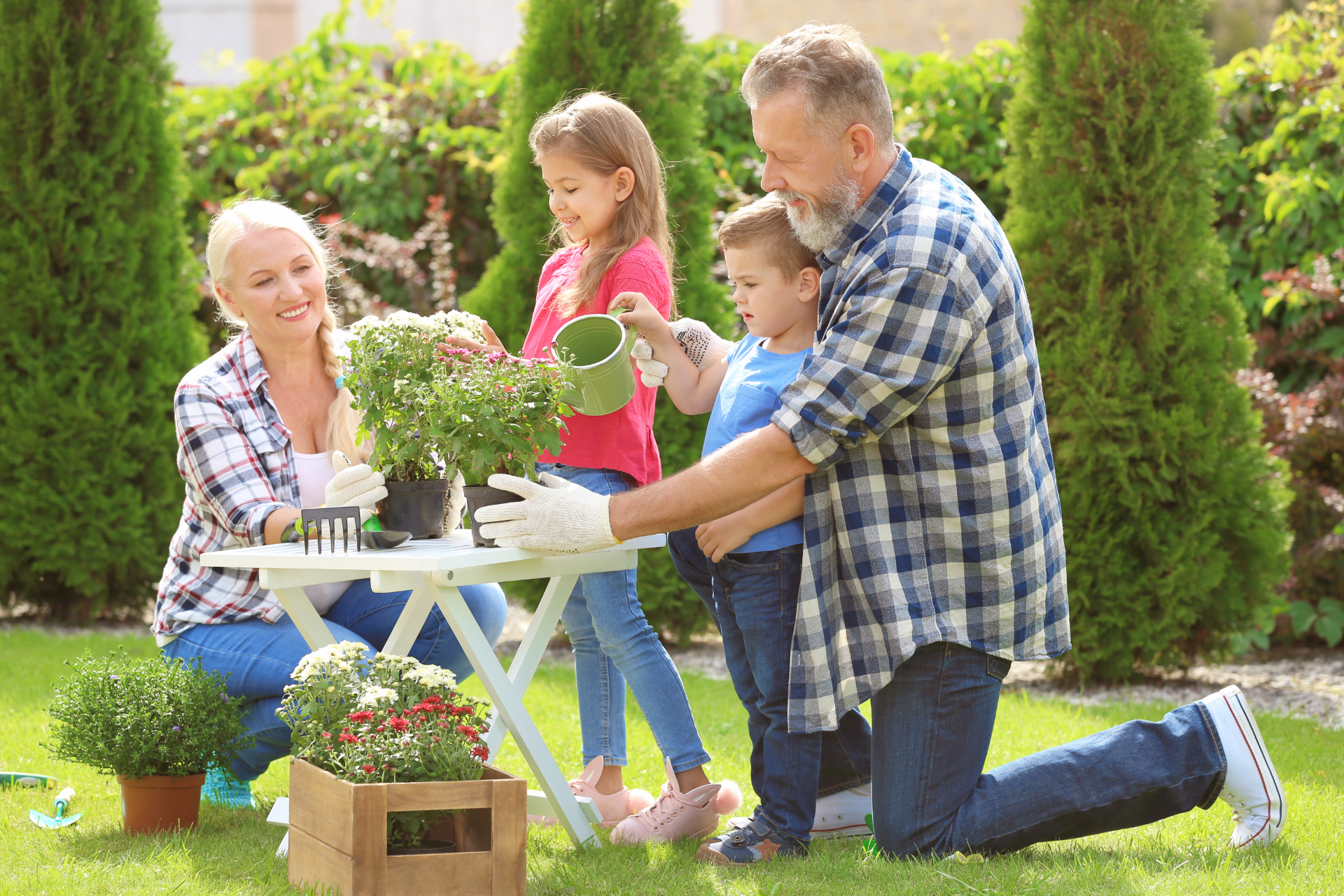 Watering plants with family