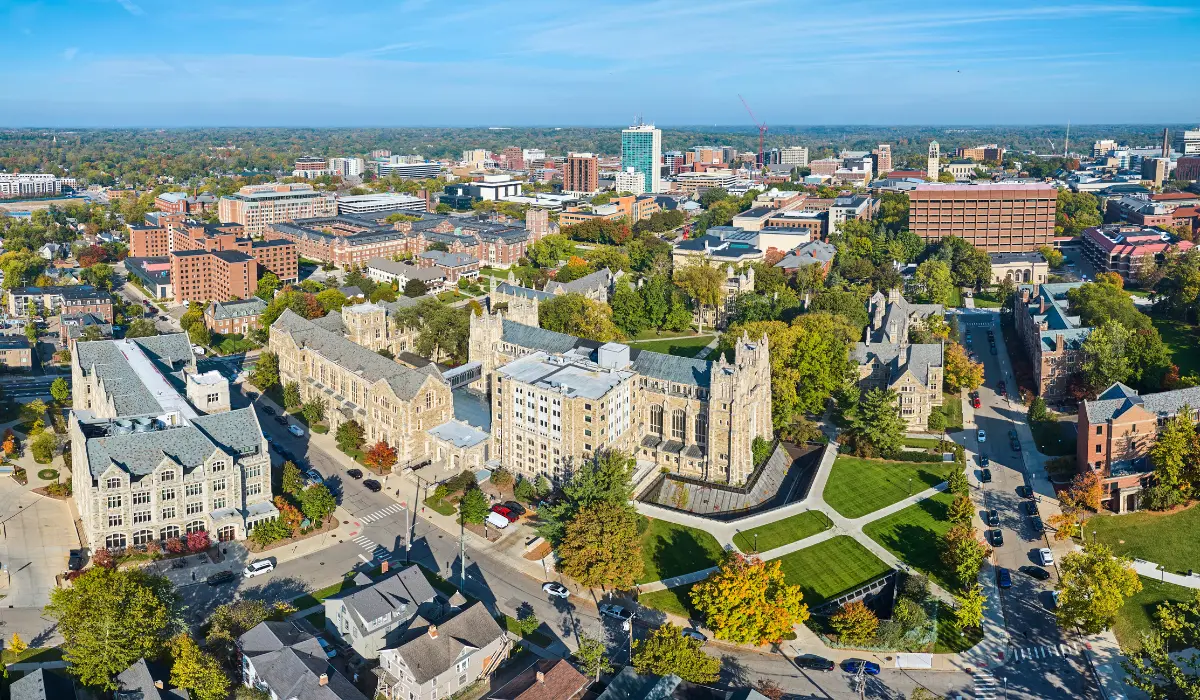 Aerial Panorama Autumn View of University of Michigan Campus